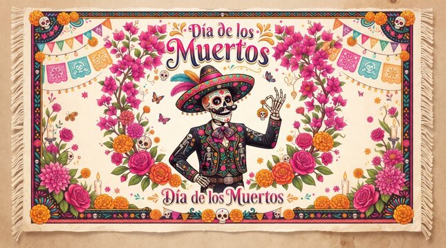 Dia de los muertos mariachi skeleton banner with pink flowers