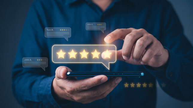 Hand interacting with a glowing five-star rating on a smartphone, symbolizing customer experience, online feedback, and a positive review of service satisfaction