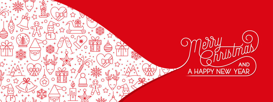 Christmas banner, combining a dense pattern of red line-art holiday icons with a bold red section showcasing elegant calligraphic lettering reading "Merry Christmas and a Happy New Year".