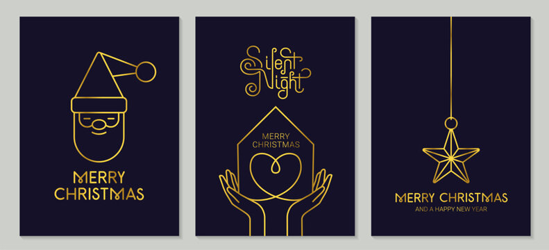 three elegant dark navy Christmas greeting card templates decorated with minimal gold line-art graphics. Full Vector Illustrations
