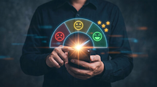 Human hand interacting with a glowing digital customer satisfaction gauge on a smartphone, highlighting positive service experience and high feedback rating