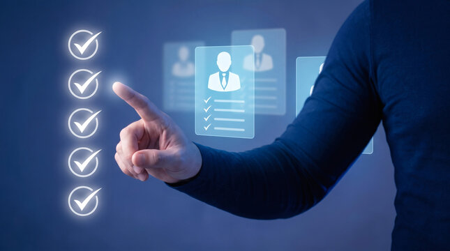 Human resource interacting with a digital list of user profiles with checkboxes, representing a selection or confirmation process