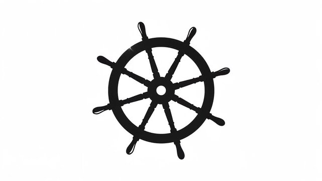 Traditional wooden ship steering wheel rotating slowly against a clean minimal white background