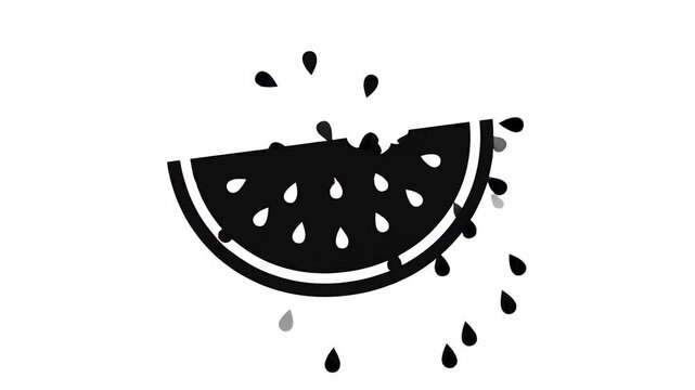 Black and white graphic icon of bitten watermelon slice bouncing with flying seeds