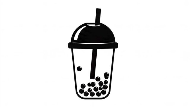 Black and white icon of boba milk tea beverage cup falling down with pearls
