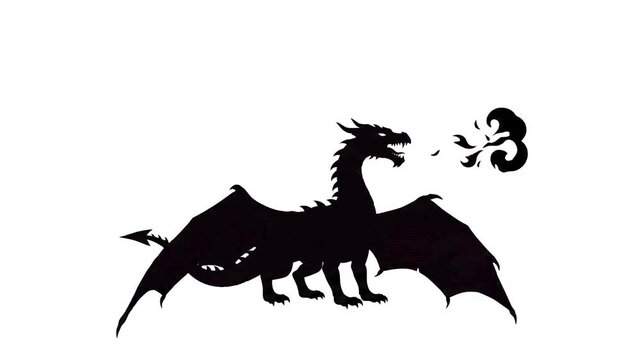 Black silhouette of a fantasy dragon breathing fire and spreading wings against white background