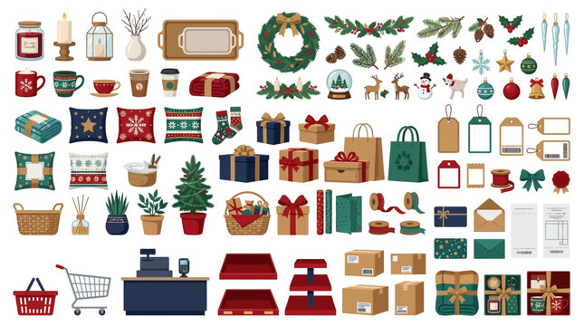 Editable EPS Christmas home decor and gift wrap vector set, festive holly wreaths, gingerbread cookies and holiday shopping flats, retail storefront design assets Christmas