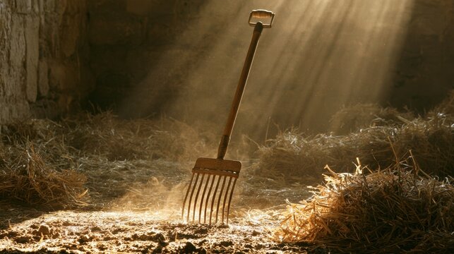 Rustic wooden pitchfork standing in a sunlit barn surrounded by dry straw with rays of warm light shining through old stone walls