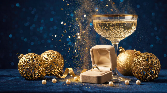 Romantic engagement ring box with champagne coupe and golden holiday ornaments on a deep blue surface