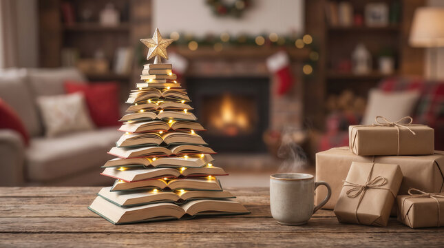 Creative book Christmas tree with lights gifts and coffee mug by cozy fireplace