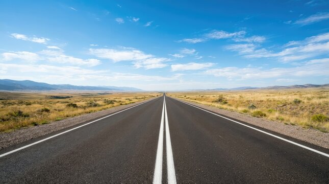 A long, straight asphalt road stretches into the distance under a clear blue sky with scattered clouds. The road has white double lines marking its center.