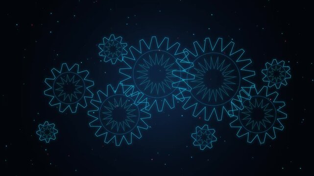 Digital gear mechanism animation: rotating blue tech cogs for business innovation, engineering, and industrial technology backgrounds