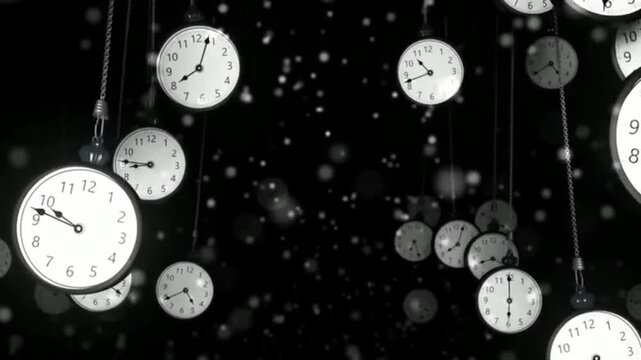 Many pocket watches or hanging watches are set against dark backgrounds featuring floating snow particles or soft white light. 