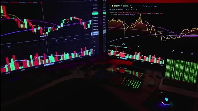A professional trader's workspace setup featuring multiple large-screen monitors displaying cryptocurrency price movement charts (such as Bitcoin), technical indicators, and real-time market analysis.