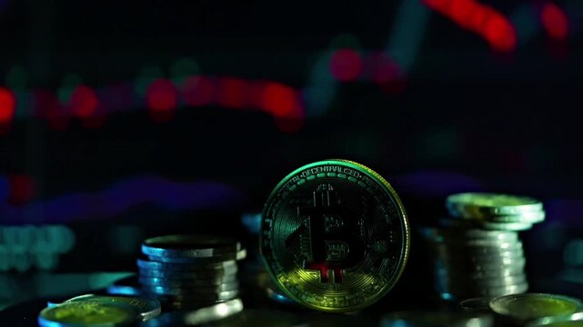 A gold-colored physical Bitcoin standing upright on a stack of fiat coins, set against a background of a digital financial trading chart showing market fluctuations (red and blue trends).