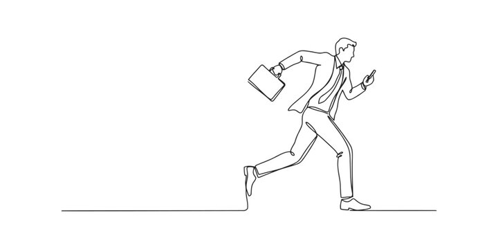 Continuous single line drawing of a businessman running with a briefcase and a smartphone