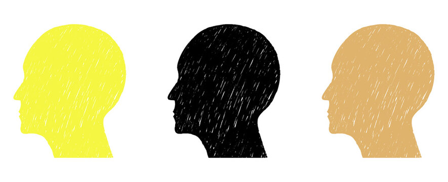 Three side profile human head silhouettes in yellow, black, and beige, offering a simple visual resource for concepts related to people, identity, communication, psychology, and audience segmentation.