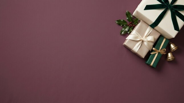Gift Boxes with Ribbons and Greenery Arrangement. Elegant Present Wrapping Concept, Holiday Season Celebration