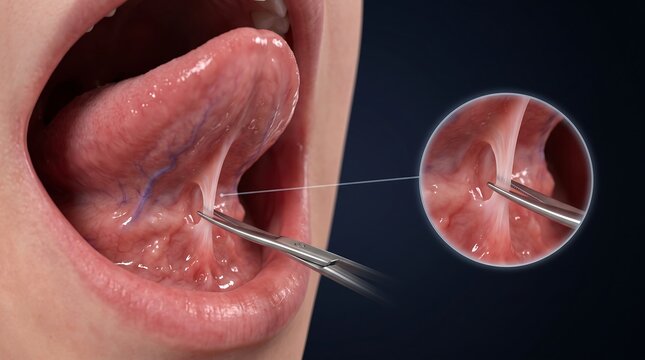 Medical illustration showing a surgical instrument performing a procedure on the lingual frenulum under the tongue, with a magnified inset.