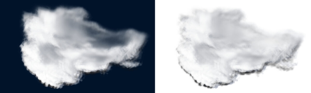 A single, large, fluffy white cumulus cloud isolated on a dark blue background, provided with a black and white alpha channel mask for transparency