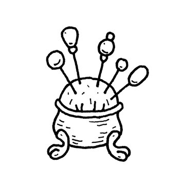 Hand-drawn line art icon illustration of a vintage pin cushion in an ornate brass claw foot bowl with sewing pins, isolated on transparent background for tailor shop, craft UI, and game inventory.