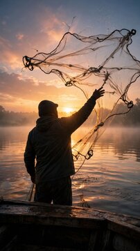 Fisherman Casting Net Sunrise River - A lone fisherman casts his net at sunrise on a misty river, symbolizing patience, skill, and the pursuit of sustenance