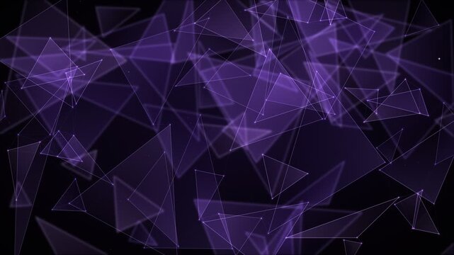 Abstract purple geometric network of triangles and dots in motion on a dark background