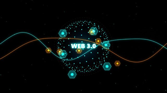 Web 3.0 digital network concept with glowing hexagons and data particles animation blockchain decentralized