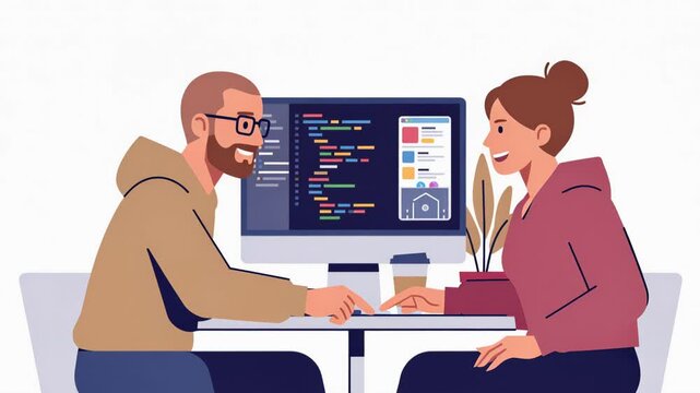 Flat vector illustration showing developers collaborating on a coding project, discussing software design and programming interfaces while examining a laptop screen, 4K video
