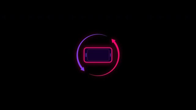 Glowing neon phone screen rotation symbol looping with transparent background