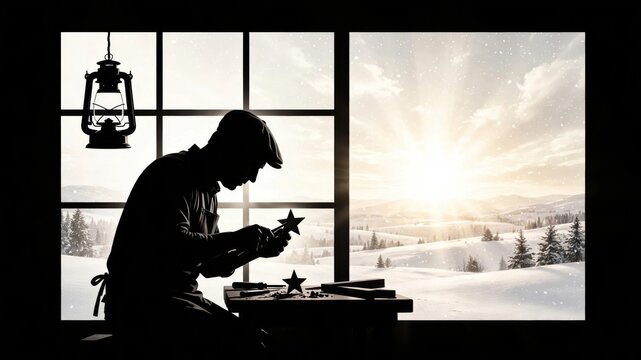 Crafting Stars in Winter Silence - Serenity, craftsmanship, winter, solitude, and creativity blend in this silhouette of a crafter working by a snowy window.