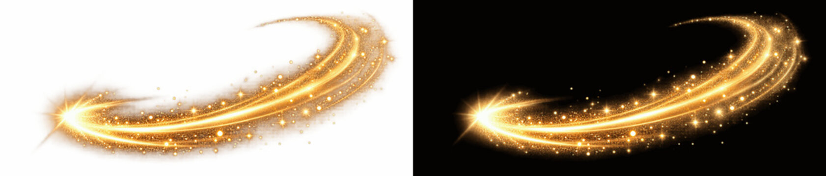 Golden magic light trail with glittering star particles and glowing bokeh, swirling wave of gold dust effect isolated on transparent background for festive design overlays and motion graphics