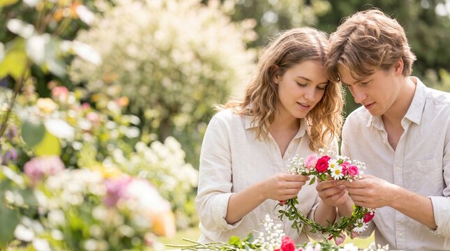 Romantic Valentine's Day lifestyle concept. A couple sits in a garden and works together to weave a beautiful flower crown.