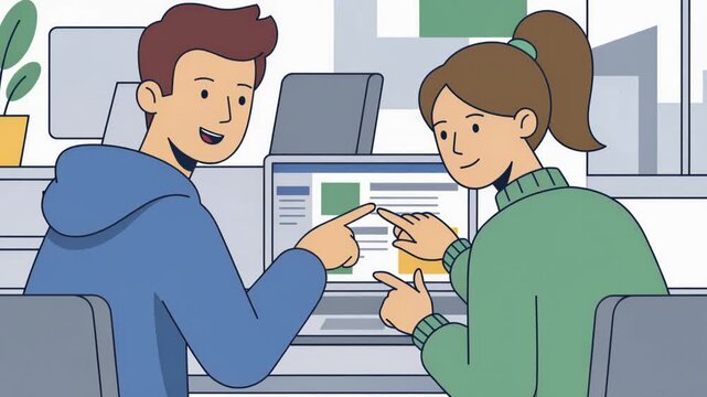 Flat vector illustration showing developers collaborating on a coding project, discussing software design and programming interfaces while examining a laptop screen, 4K video