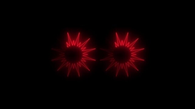 Two glowing red neon starbursts with jagged spiky rays radiating from dark circular centers on a black background. explosive light design with a fiery laser glow and symmetrical twin composition 