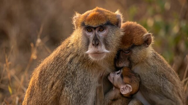 patas monkey family with little one close up at sunset light in serengeti tanzania video