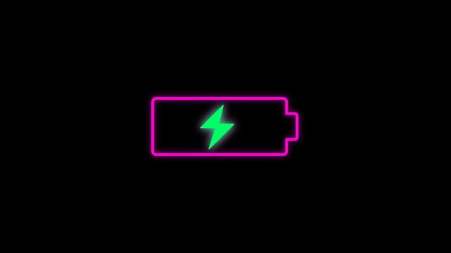 Neon battery charging icons flashing with glowing lightning bolt symbol overlay
