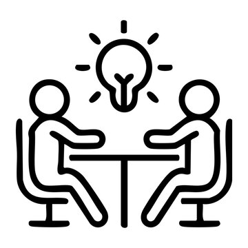 Outline icon features two silhouettes seated at a conference table, conversing under a brightly lit lightbulb. illustrating brainstorming, creative collaboration, planning in educational materials