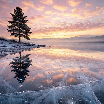 Sunrise Frozen Lake New Year Calm - Serene winter dawn over a frozen lake with a solitary tree silhouetted against a pastel sky, reflecting beauty and new beginnings