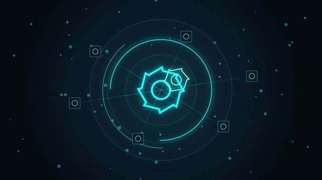 Futuristic hud gear interface animation, digital tech background, with rotating mechanical, and data nodes