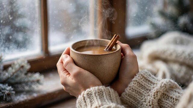 Cozy Hot Beverage in Winter - Warm drink, cinnamon stick, cozy sweater, snowy window, serene winter day. Comfort and warmth