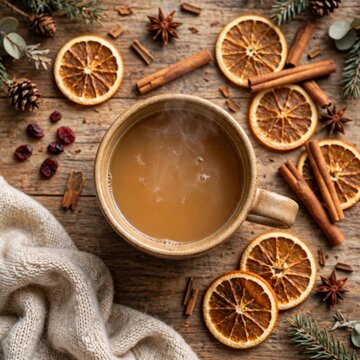 Cozy Autumn Beverage Arrangement - A steaming cup surrounded by dried oranges, cinnamon sticks, fir branches, and a warm scarf evokes autumn vibes, warmth, and comfort.