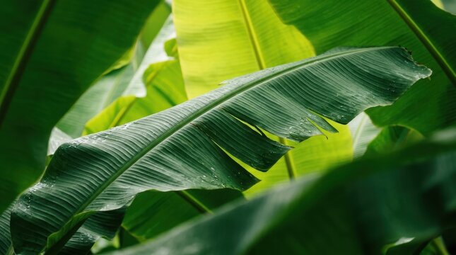 A closeup shot of vibrant green banana leaves, showcasing their prominent parallel veins and natural textures in a lush, tropical environment
