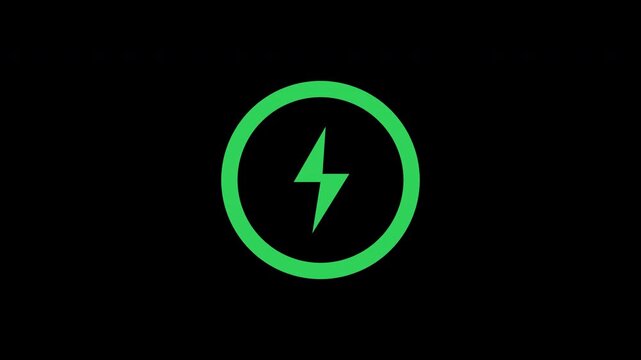 Set of green circular battery charging progress icons with lightning symbols