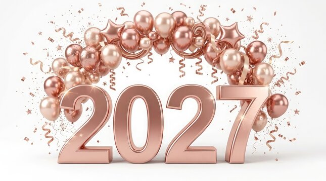 Rose gold balloons forming the numbers 2027 for a festive new year celebration