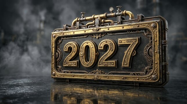 Golden steampunk frame displaying the year 2027 with intricate mechanical details