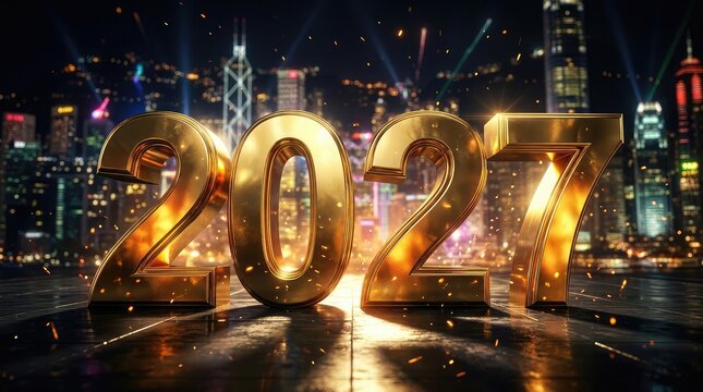 Golden new year 2024 numbers overlooking a vibrant city skyline at night