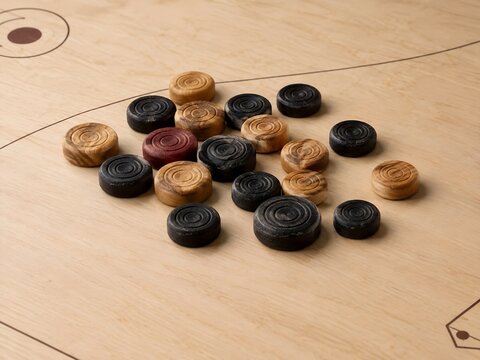  Carrom Coins Scattered on a Wooden Game Board
