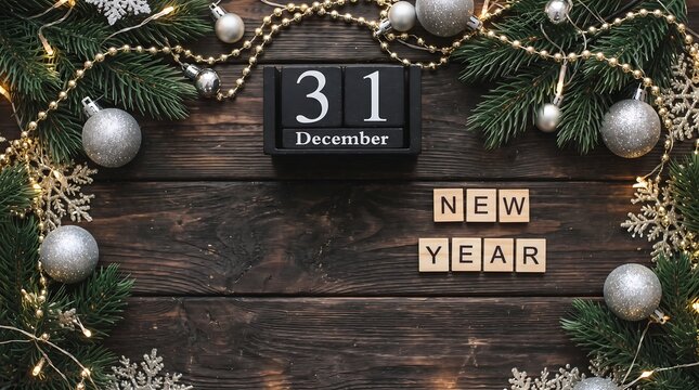 December 31st calendar blocks with silver ornaments on dark wooden background
