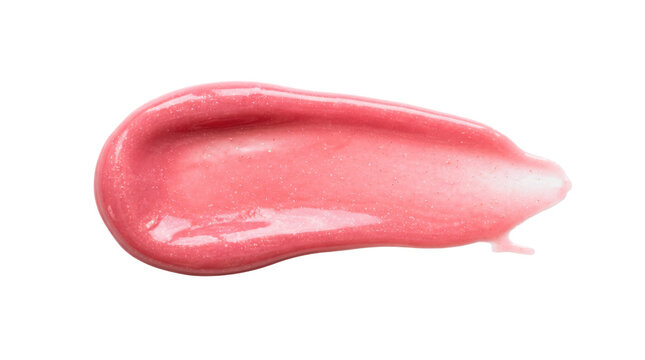 Pink lip gloss swatch, photorealistic glossy cosmetic smear with soft rose color, subtle shimmer particles and smooth creamy gel texture, close-up view, tack-sharp focus, high-resolution beauty